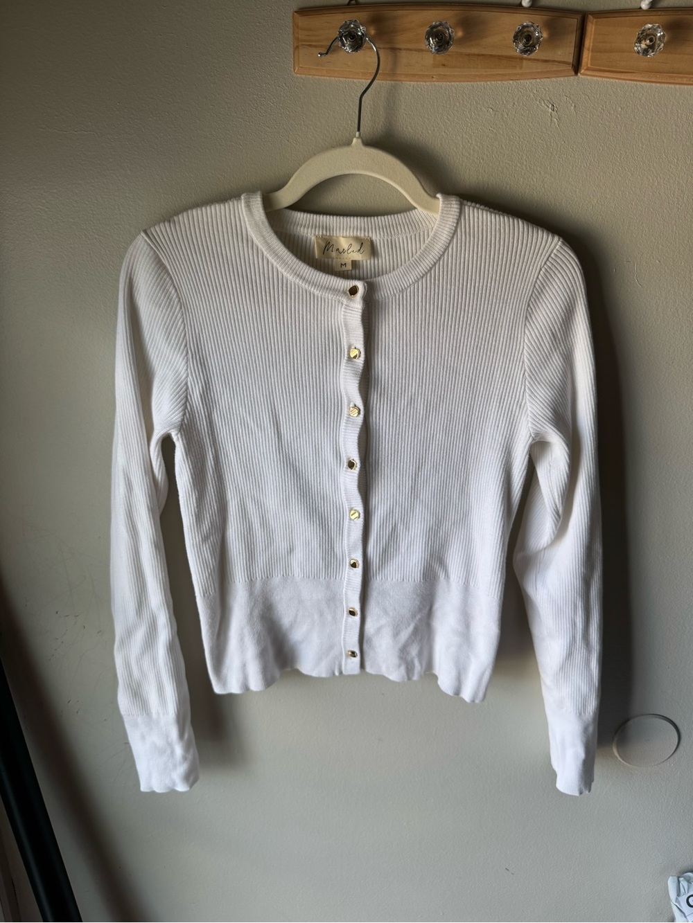 Marled White Ribbed Cardigan Sweater Gold Button Crew Neck Fitted Top Size M